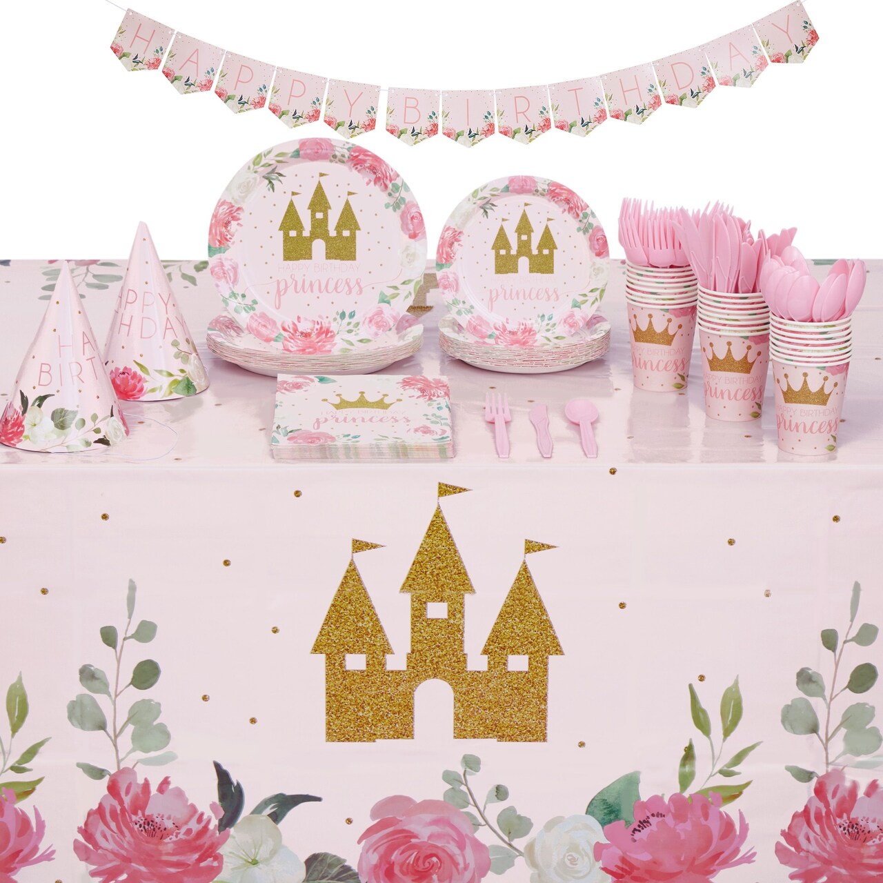194-Piece Princess Birthday Party Decorations, Pink Dinnerware Set with Plates, Napkins, Cups, Tablecloth, Cutlery, Banner, and Hats (Serves 24)